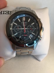 Seiko Chronograph Mens Black Dial Stainless Steel Quartz Watch SSB111-HE