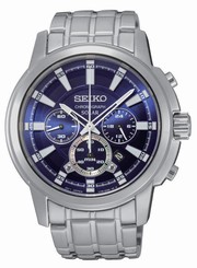 Mens Seiko Solar Silver Stainless Steel Blue Dial Chronograph Date Watch SSC387