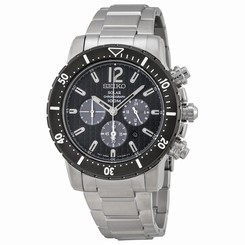  Seiko Solar Quartz Chronograph Black Dial Stainless Steel Mens Watch SSC245