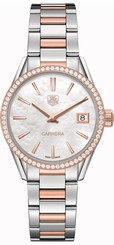 NEW TAG HEUER CARRERA 18K GOLD & STEEL DIAMOND LADIES QUARTZ PEARL WATCH WAR1353