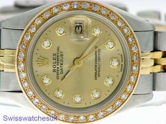 ROLEX LADIES DATEJUST WATCH STAINLESS STEEL & YELLOW GOLD DIAMOND AUTOMATIC LADY