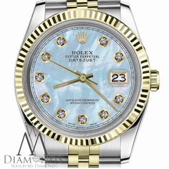 2Tone 18K Rolex 36mm Datejust Baby Blue MOP Mother Of Pearl Dial w Diamond No's