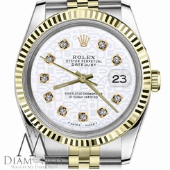 White Rolex Logo 36mm Datejust 18K/SS 2Tone w Diamond Numbers Jubilee Watch