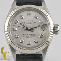 Two Tone Tudor Rolex Ladies Automatic Watch Leather Band & Diamond Dial 7602/4