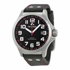 TW Steel Mens 45mm Pilot Quartz Black Dial Black Strap Red Stitching Watch TW410