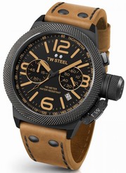 TW Steel Canteen Mens Black 45mm Chronograph Watch Brown Leather Strap CS43