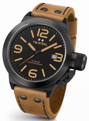TW Steel Canteen Men Black 45mm Quartz Watch Black Dial Brown Leather Strap CS41