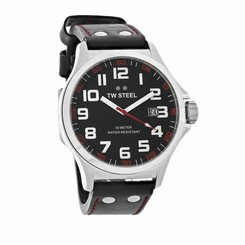 TW Steel Mens Pilot Black Dial/Leather Strap Stainless Steel Quartz Watch TW411