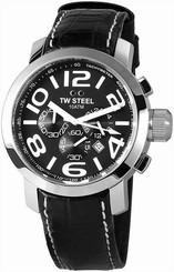 TW STEEL MEN'S WATCH CHRONOGRAPH BLACK LEATHER WRIST BAND BRAND GRANDEUR TW50