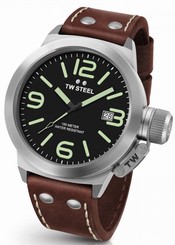TW Steel Canteen Mens Silver 50mm Quartz Watch Brown Leather Strap CS22