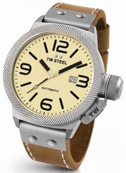TW Steel Canteen Mens Silver 50mm Automatic Watch Cream Dial Leather Strap CS16