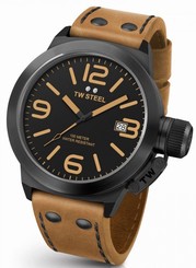 Mens TW Steel 50mm Canteen Brown Leather Black Dial Case Date Quartz Watch CS42
