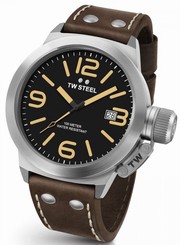 TW Steel Canteen Mens Silver 50mm Quartz Watch Brown Leather Strap CS32