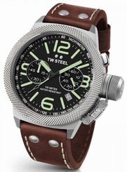 TW Steel Canteen Mens Silver 50mm Chronograph Watch Brown Leather Strap CS24