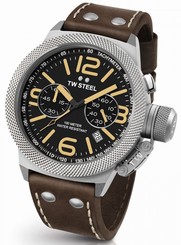 Mens TW Steel 50mm Canteen Dark Brown Leather Black Dial Chronograph Watch CS34
