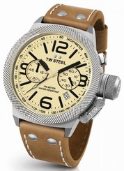 Mens TW Steel 45mm Canteen Brown Leather Cream Dial Date Chronograph Watch CS13
