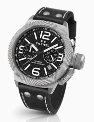 Mens TW Steel 45mm Canteen Black Leather Black Dial Date Chronograph Watch CS3