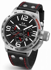 Mens TW Steel 45mm Canteen Black Leather Black Dial Date Chronograph Watch CS9