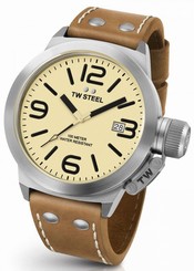 TW Steel Canteen Mens Silver 45mm Quartz Watch Cream Dial Tan Leather Strap CS11