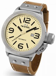 TW Steel Canteen Mens Silver 45mm Automatic Watch Cream Dial Leather Strap CS15