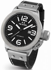 TW Steel Canteen Mens Silver 50mm Automatic Watch Black Leather Strap CS6