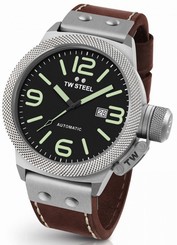 TW Steel Canteen Mens Silver 45mm Automatic Watch Brown Leather Strap CS25