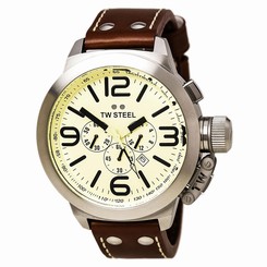 TW Steel TW3 Men's Canteen Cream Dial Black Leather Strap Chronograph Date Watch