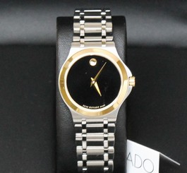 New! Movado Swiss Women's Black Dial Two Tone Stainless Steel Watch 0606466