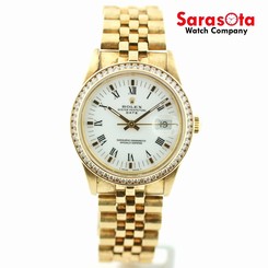 Rolex Date 15037 White Dial 14K Yellow Gold Diamond Bezel Automatic Men's Watch