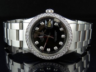 Mens Rolex Datejust Oyster Perpetual 36 MM Black Dial Diamond Watch 2.75 Ct
