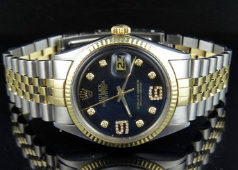 Mens Rolex Datejust 2 Tone 18K/Steel Fluted Bezel 36MM Black Dial Diamond Watch
