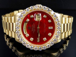 18K Mens Yellow Gold Rolex President Day-Date 36MM Red Dialt Diamond Watch 5.5CT