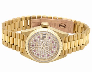 Ladies 26 MM Rolex President Datejust 18K Yellow Gold 69178 Diamond Watch 1 Ct