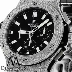 Mens HUBLOT BIG BANG 44FULL ICED OUT GENUINE DIAMONDS LUXURY WATCH. Video inside