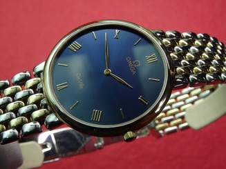 MEN OMEGA DEVILLE QUARTZ 18K GOLD/SS CASE & BRACELET SERVICED BLUE DIAL MINT