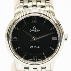 Authentic Omega DeVille Prestige Wrist Watch Quartz Black Silver Women Ladies SS