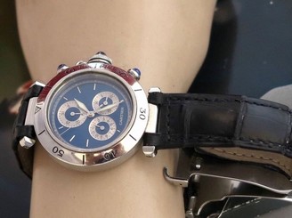 CARTIER SWISS WATCH PASHA STAINLESS STEEL CHRONOGRAPH BLUE DIAL ALLIGATOR STRAP