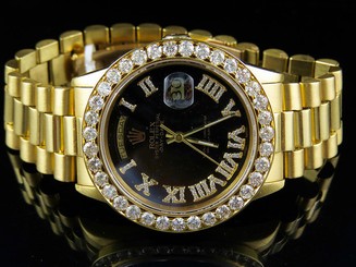 18K Yellow Gold Mens Rolex Black Dial President Day-Date VS Diamond Watch 5.3 Ct