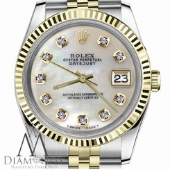 18K Gold & SS 2Tone Rolex 26mm Datejust White MOP Mother Of Pearl Diamond Dial