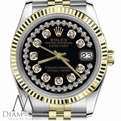 Glossy Black Mens Rolex 36mm Datejust 18K 2T String Diamond Dial Jubilee Watch