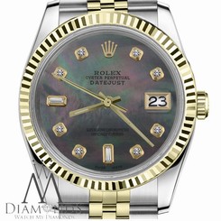 Fake AAA 8+2 Emerald Cut Diamond Rolex 36mm Datejust 18K/2Tone Black MOP Mother Of Pearl Watch
