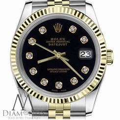Black Face Mens Rolex 36mm Datejust 18K SS 2Tone w Diamonds Classic Jubilee Band
