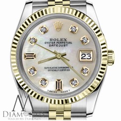 Mens Rolex 36mm Datejust2Tone White MOP Mother Of Pearl 8+2 Diamond Dial