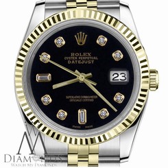 Black Mens Rolex 36mm Datejust 18K/SS 2Tone 8+2 Diamond Accent Classic Jubilee