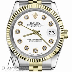 Rolex 36mm Datejust2Tone White Color Dial with Diamonds