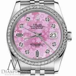 Pink Flower Mother of Pearl Womens Rolex 26mm Datejust w/ Diamond Bezel SS