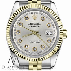 Ladies Rolex 31mm Datejust2Tone Silver Color String Diamond Accent Dial