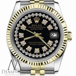 Ladies Rolex 31mm Datejust2Tone Black String Diamond Accent Dial SP