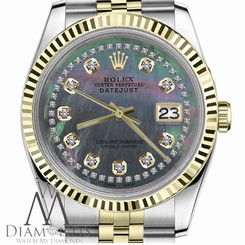 Black MOP Mother of Pearl String Diamond Rolex 36mm Datejust 18K 2Tone Jubilee