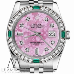 Rolex 31mm Datejust Pink Flower Diamond Numbers Emerald Bezel Ladies size Watch